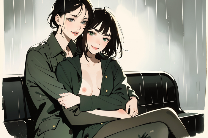 In the Eternal Rain - NSFW, Neural network art, Нейронные сети, Art, Girls, Anime art, Original character, Boobs, Yuri, Raincoat, Rain, A train, Longpost, Stable diffusion