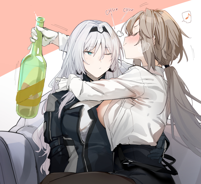 AN-94 And Drunk Female Commander From Girls' Frontline By Uno Ryoku - NSFW, Anime, Anime art, Hand-drawn erotica, Yuri, AN-94, Boobs, Nipples, Long hair, Stockings, Alcohol, Girls frontline