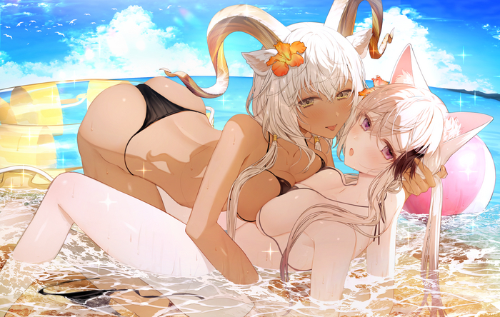 Beeswax & Cardigan - NSFW, Anime, Anime art, Art, Arknights, Beeswax, Animal ears, Swimsuit, Girl with Horns, Yuri, Booty, Beach, Sea, Erotic, Hand-drawn erotica