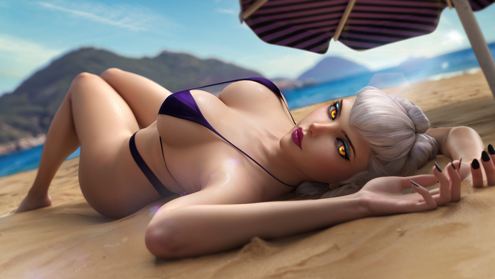 Evelynn on the beach - NSFW, Erotic, Art, Evelynn, League of legends, 3D, Girls, Boobs, Swimsuit, Bikini, Beach, Sea, Twitter (link)