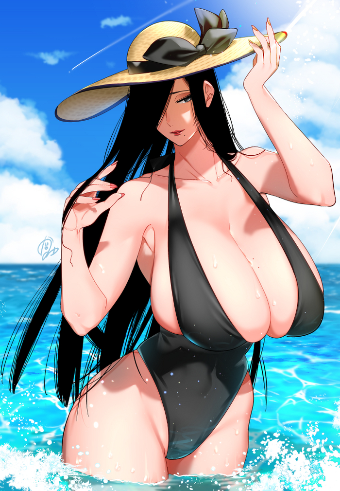 on vacation from rototika - NSFW, Anime, Anime art, Hand-drawn erotica, MILF, Swimsuit, Boobs, Hips, Straw hat, Long hair, Original character